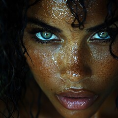 A close up portrait depicts a woman with captivating eyes