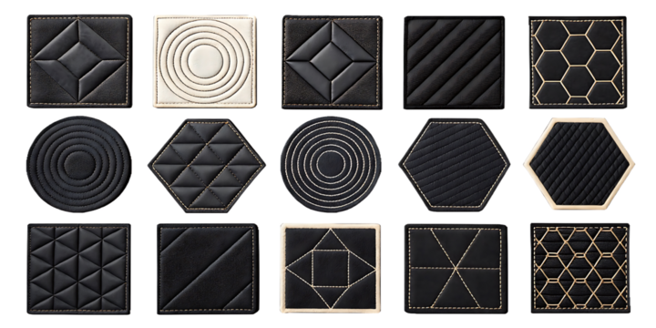 A grid of artistic patches displayed on a sleek, uniform background. Each patch varies in shape, including rectangles,