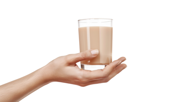 Woman hand holding glass of chocolate milk on transparent background