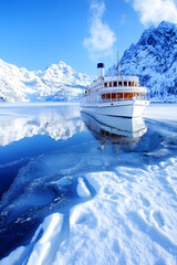 Luxurious ship on a frozen lake, surrounded by snowy mountains