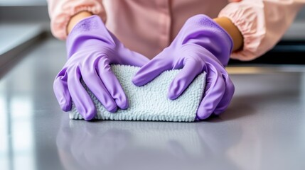 Cleaning Countertop: Gloved Hands Wiping Surface with Cloth 