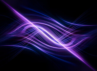 Fototapeta premium Abstract image featuring swirling purple and blue light waves contrasted against a black backdrop, creating a dynamic and futuristic visual with energetic flowing lines.