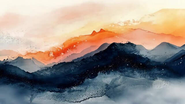 Dynamic watercolor mountain landscape with vivid sunset gradients