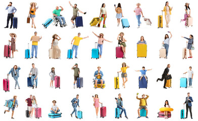 Fototapeta premium Set of many people with suitcases on white background