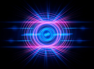 Abstract concentric circles emit pink and blue neon lights, radiating energy on a dark backdrop, creating a bright, futuristic, and vibrant digital design.