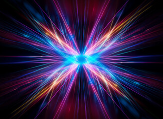 A vibrant burst of colorful light explodes from the center against a dark backdrop.  Radiating rays create a dynamic and abstract visual effect, full of energy and movement.