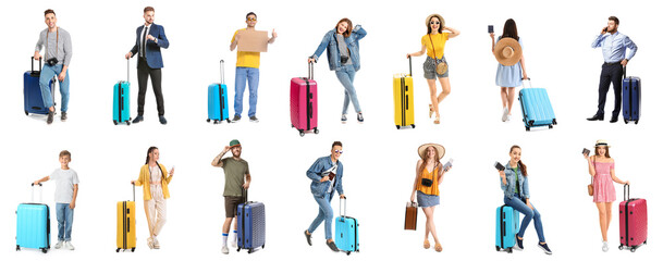 Set of many tourists with suitcases on white background