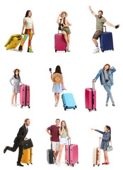 Set of many people with suitcases on white background