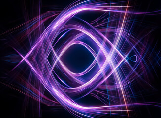 Fototapeta premium Abstract light trails of purple, blue, and orange hues form a symmetrical geometric pattern on a dark backdrop, evoking a sense of dynamic energy.