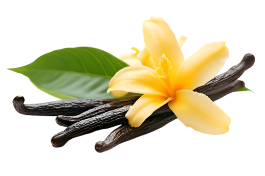 vanilla flowers with vanilla pods and green leaves. Isolated on Transparent Background. Perfect for perfume branding, organic product packaging