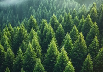 Obraz premium Lush Green Evergreen Trees in Serene Forest Landscape Creating a Beautiful Natural Scenery with Soft Morning Light and Mist in Background