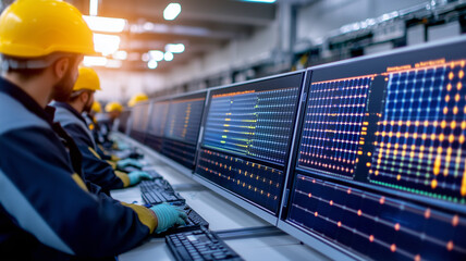 Technicians Monitoring a Holographic Solar Energy Grid in a Control Room
