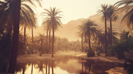 Fototapeta premium A serene desert oasis scene with tall palm trees near water