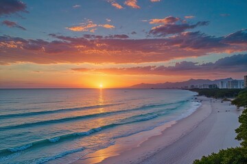 Obraz premium Majestic Sunset Over Beach and Sea in Mexico: A Serene Coastal Vista with Azure Waters and Unexplored Retreats