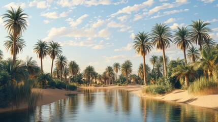 Obraz premium A tranquil landscape features palm trees and reflective water under a blue sky