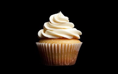 A single vanilla cupcake with creamy frosting is showcased against a stark black background. The cupcake is delicately presented, highlighting its texture and color