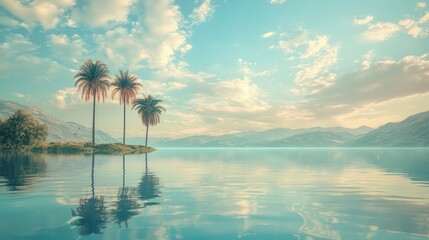 Fototapeta premium Three palm trees on a small island with scenic water reflection