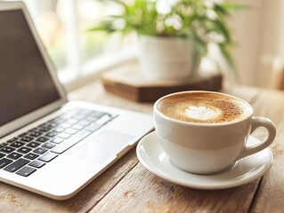 A remote worker typing on a laptop with a cup of coffee beside them, Working from Home, Cozy and productive