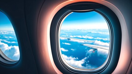 Airplane window. Mountain and clouds view 
