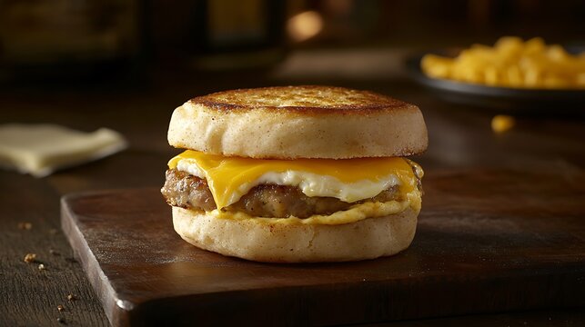 Savory Sausage & Egg Muffin A toasted English muffin layered with sausage, egg, and melted cheese