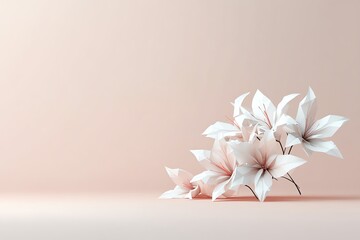 Delicate white flowers arranged elegantly on a soft pink background, creating a serene and peaceful ambiance.