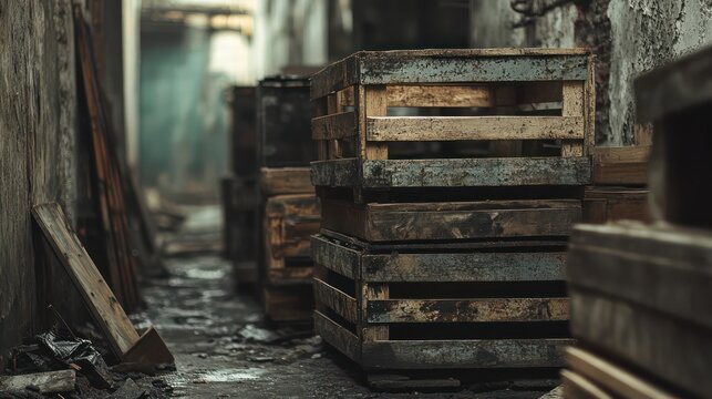 Weathered wooden crates stacked in a narrow industrial corridor