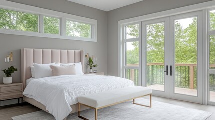 Fototapeta premium A minimalist luxury bedroom with light grey walls and an elegant bed with white linens and a soft blush pink headboard