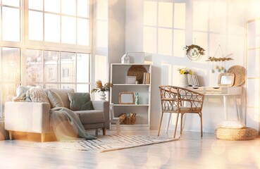 Interior of light office decorated for Easter