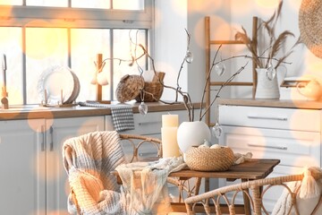 Vase with tree branches, Easter eggs and candles on table in kitchen