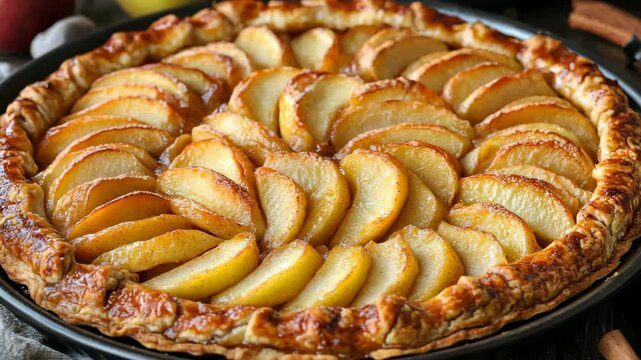 Golden apple tart with flaky crust cooling in rustic kitchen setting