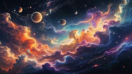 Obraz premium Beautiful nebula, galaxy with flow of energy and planets; abstract space background 
