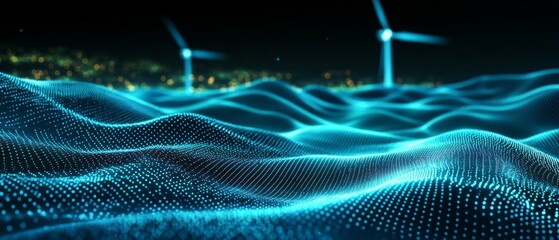 Naklejka premium Digital Waves of Renewable Energy with Eco-Technology Wind Turbines and Futuristic Sustainability 