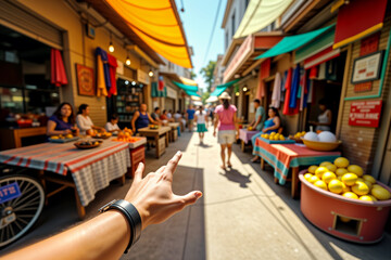 Obraz premium A first-person view of a hand reaching in a colorful outdoor market. Vibrant stalls filled with fruits and goods create a lively, warm atmosphere, evoking local culture and travel experiences.