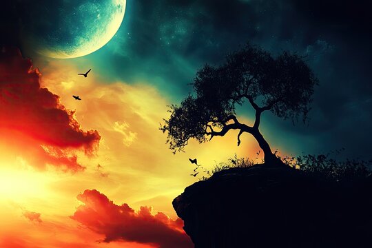 Solitude on a craggy peak under a vibrant, otherworldly sky