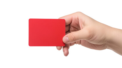 Woman hand holding red credit card with transparent background
