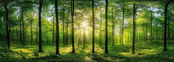 Fototapeta premium Tranquil Sunlight Filtering Through Lush Green Forest Canopy Illuminating Serene Nature Landscape with Tall Trees and Vibrant Foliage