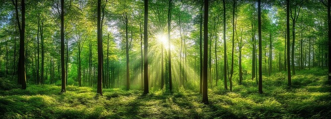 Fototapeta premium Serene Forest Landscape with Sunlight Filtering Through Green Leaves and Tall Trees in a Tranquil Natural Environment