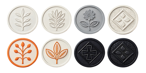 A collection of ten circular tokens arranged in two neat rows on a clean white background. 