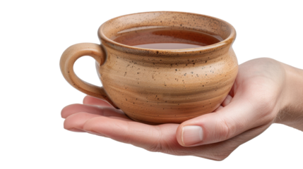 Woman hand holding rustic clay tea cup with transparent background