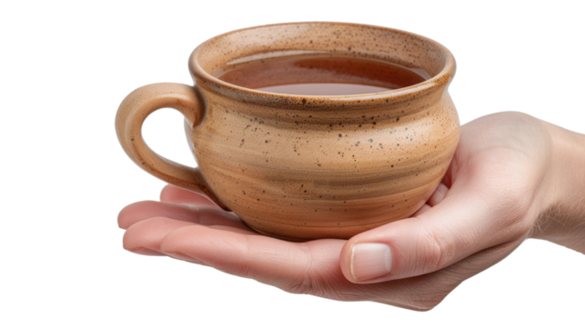 Woman hand holding rustic clay tea cup with transparent background
