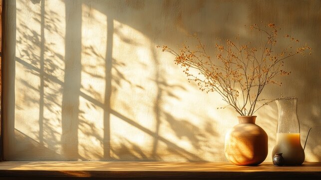 A warm, diffused light bathes the scene in a gentle, golden glow, casting subtle shadows and highlighting the texture of the objects.