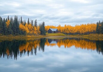 Obraz premium Tranquil Autumn Landscape Featuring Lake, Pine Trees, Vibrant Yellow Leaves, and Cozy Cabin Under Overcast Sky in Nature's Serene Beauty