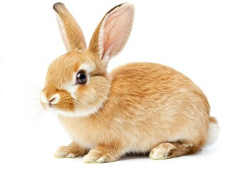 Obraz premium A cute brown rabbit with large ears and a fluffy coat sits isolated on white background - ai