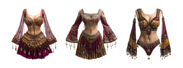Intricately Designed Belly Dance Costumes in Vibrant Colors and Textures