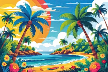 Vibrant Summer Vector Design Featuring Sunny Afternoon, Cheerful Palm Trees, and Lively Coastal Vibes