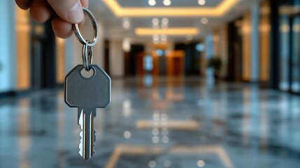 Hand holding key to modern office space