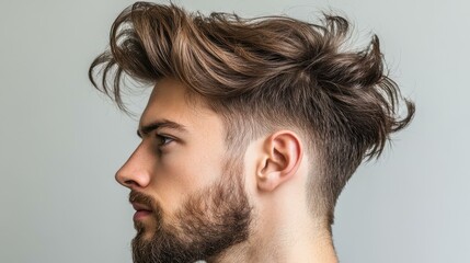 Fototapeta premium A trendy man showcases a fresh haircut against a sleek backdrop, exuding confidence and style effortlessly.