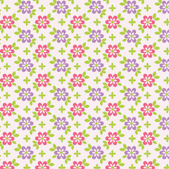 Colorful seamless floral pattern with pink, purple, and green blooms, playful spring design for textiles, stationery, kids d&eacute;cor, and wrapping.