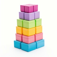 Fototapeta premium Bright, pastelcolored building blocks stacked high, creating a fun and vibrant display of creativity on a clean white backdrop.