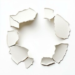 A detailed view of a cracked hole in the wall, showcasing the texture and depth of the damage against a clean white backdrop.